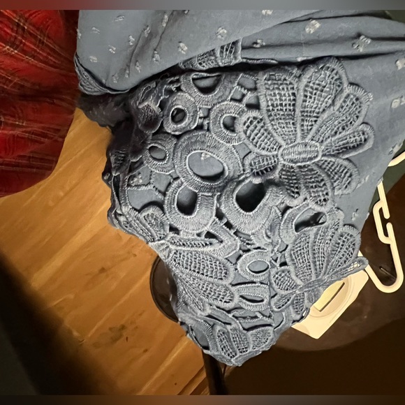 BloomChic steel blue dotted Swiss short sleeved, below knee dress w/crochet trim - Picture 7 of 8